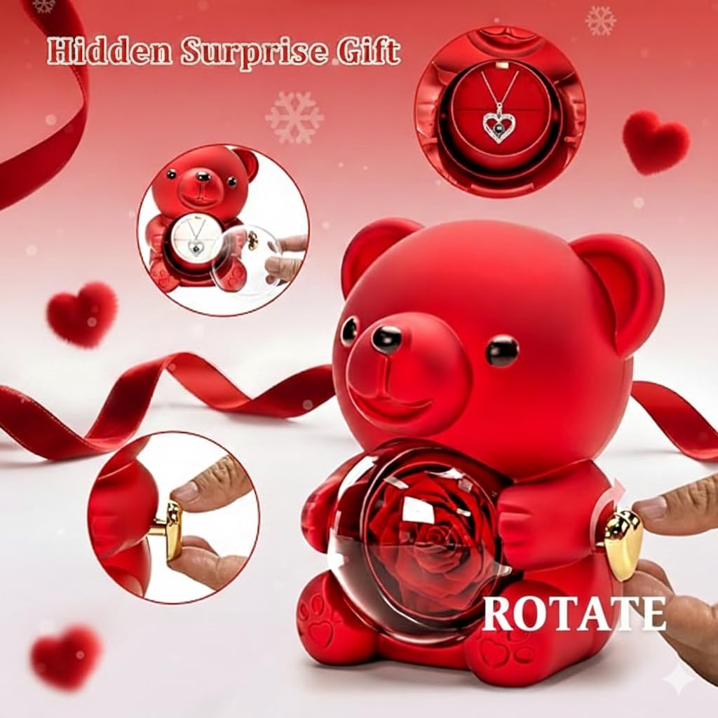 Luxury Eternal Rose Teddy Gift Box with Heart Necklace – Romantic Valentine Gift for Her