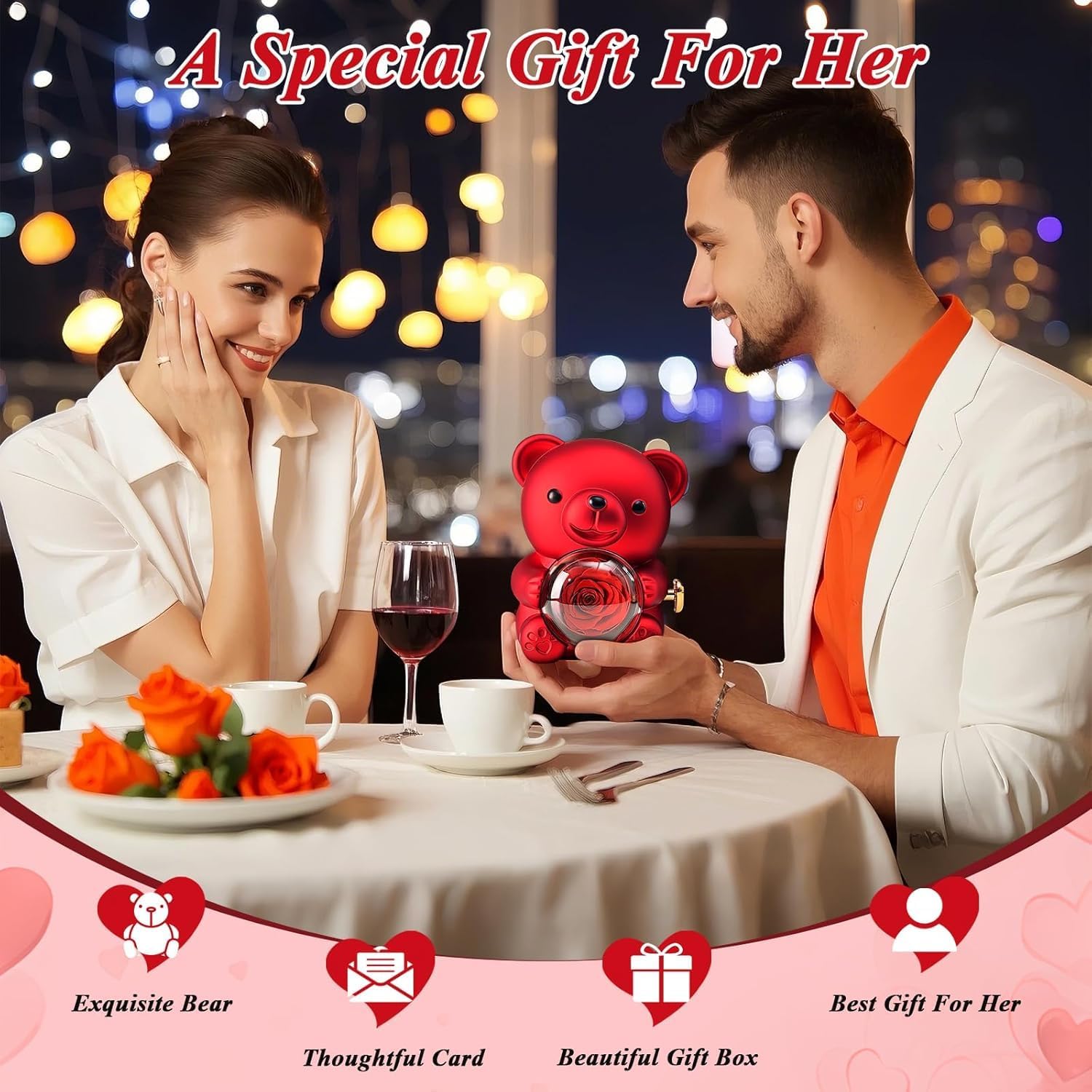 Luxury Eternal Rose Teddy Gift Box with Heart Necklace – Romantic Valentine Gift for Her