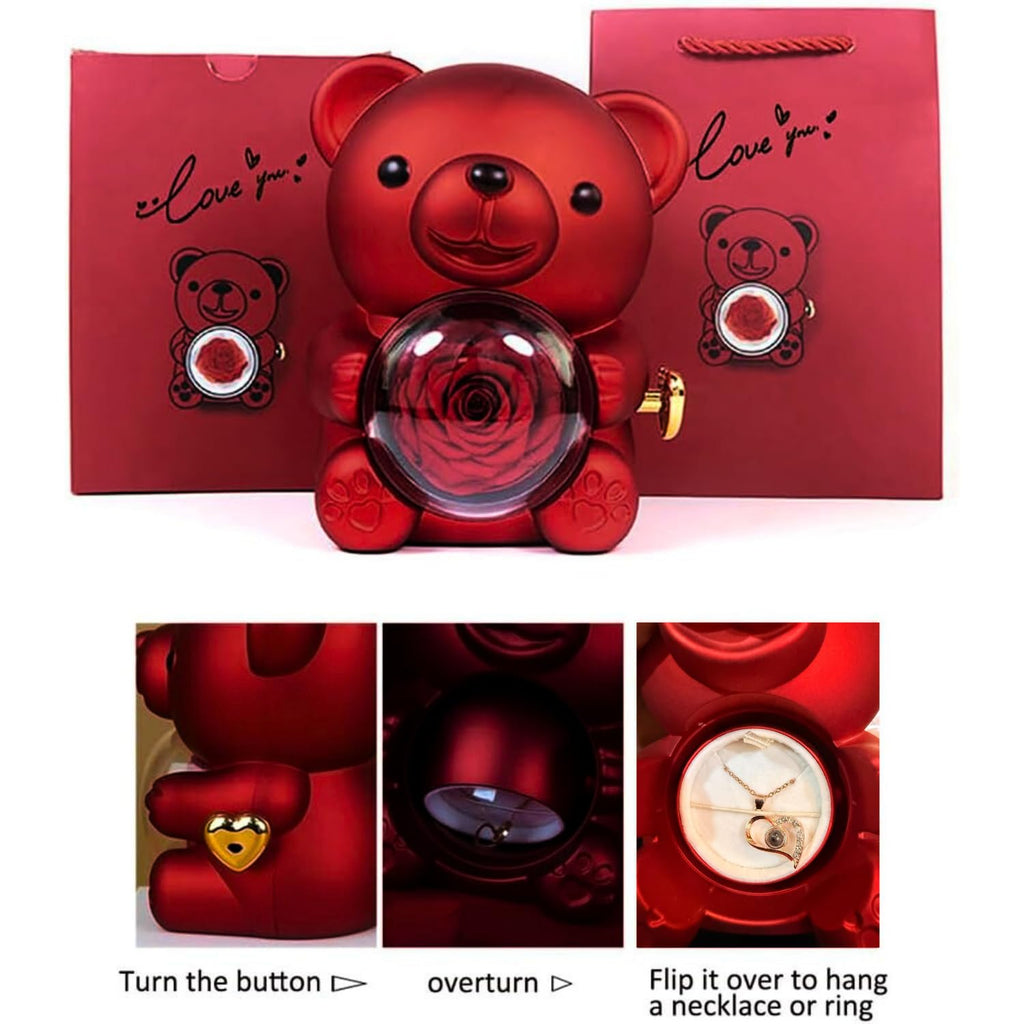 Luxury Eternal Rose Teddy Gift Box with Heart Necklace – Romantic Valentine Gift for Her