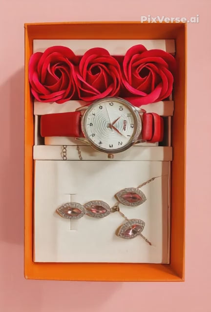 Luxury 3-in-1 Gift Suite: Precision Watch, Heart-Cut Necklace, and Designer Floral Box