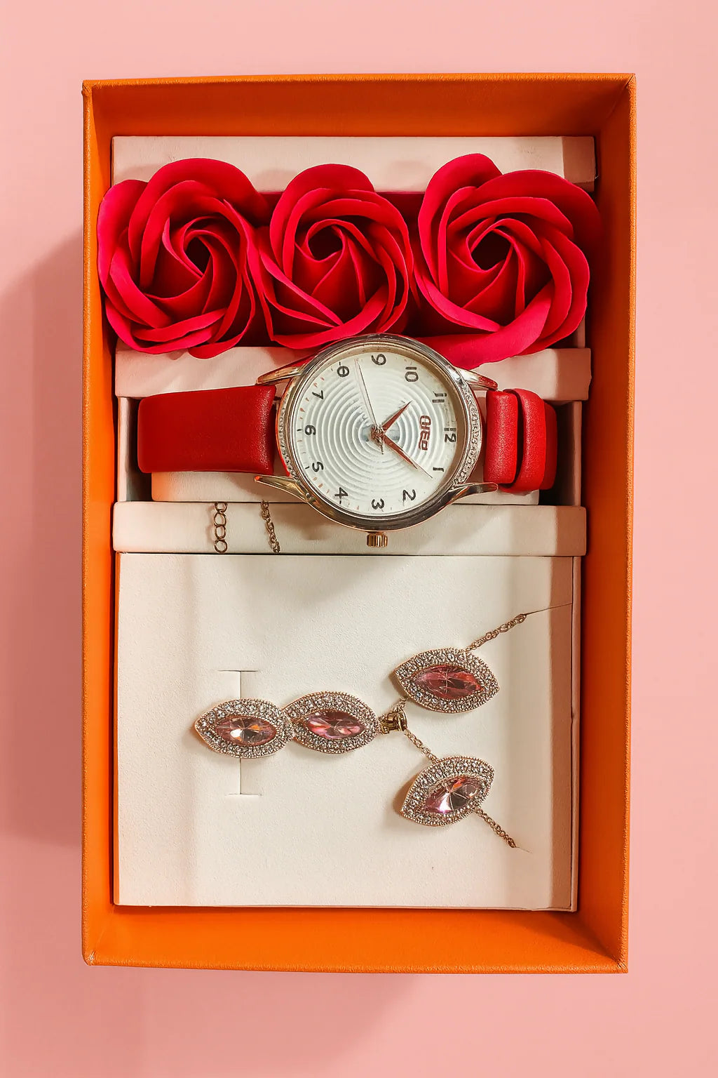 Luxury 3-in-1 Gift Suite: Precision Watch, Heart-Cut Necklace, and Designer Floral Box